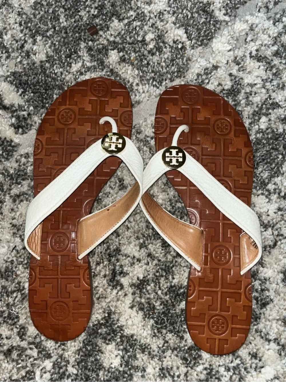Tory Burch Tan and White Logo-Embossed Thong Sandal